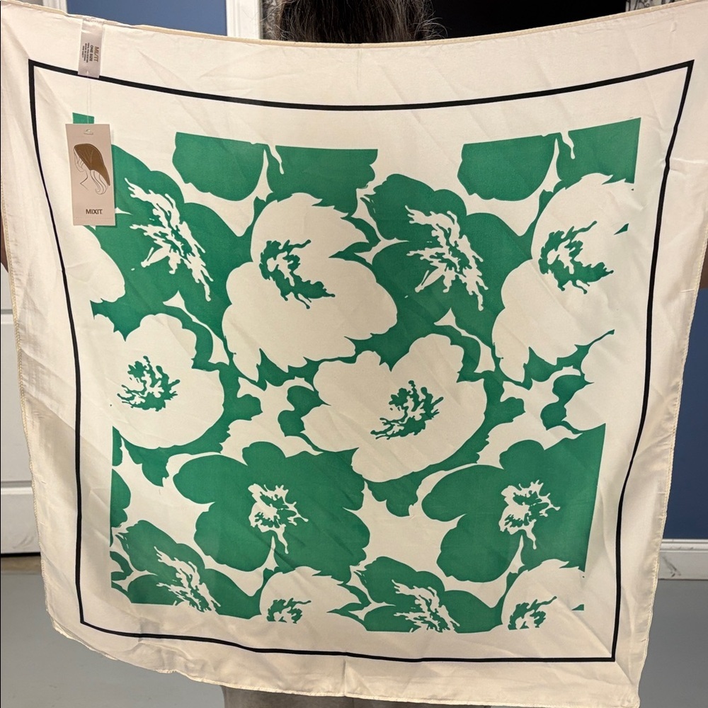 Mixit White Scarf with Green Leaf Print and Black Trim